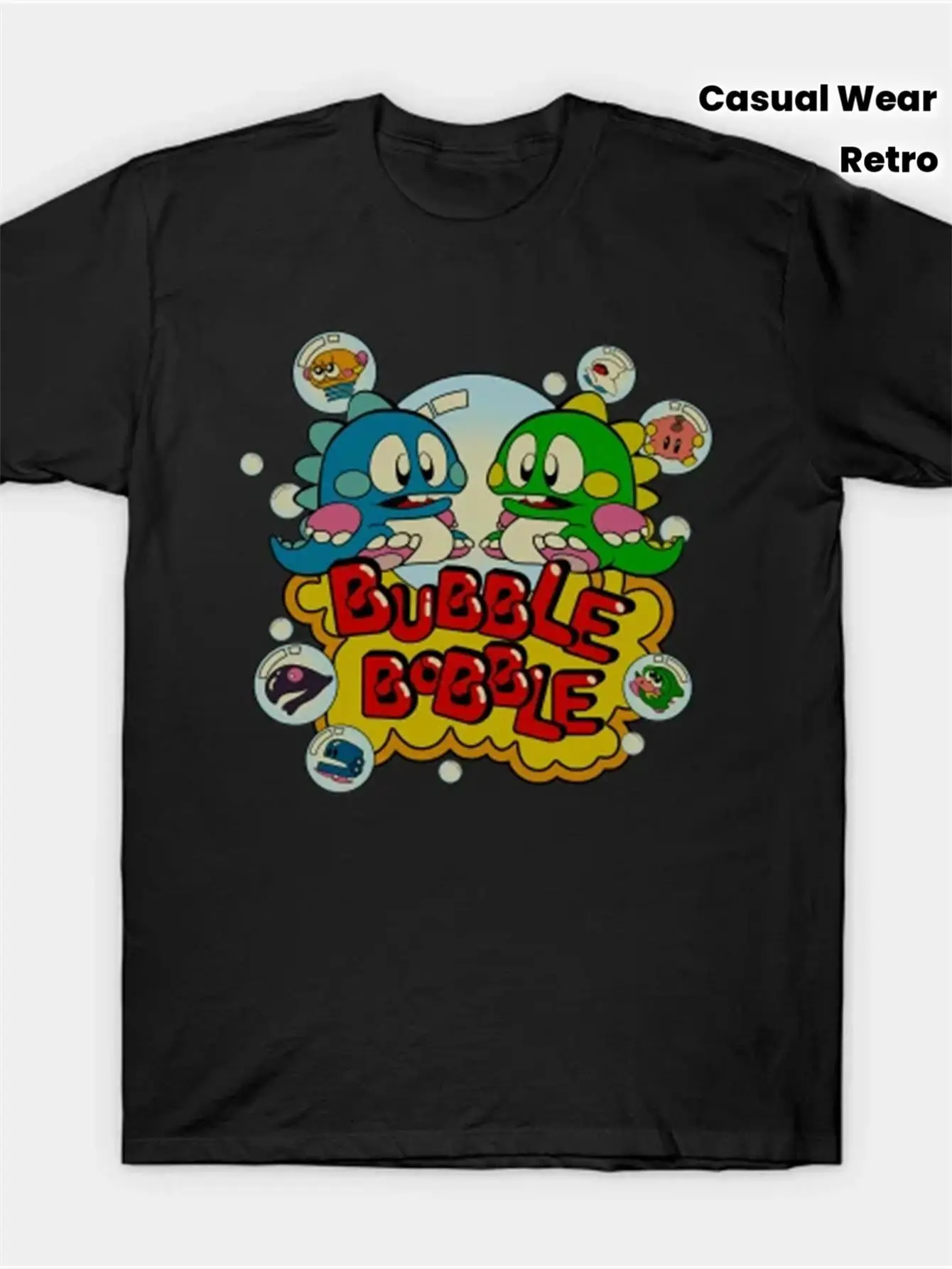 Camiseta Retro Bubble Bobble 1986 para Hombre, Estampado de Personajes en Negro, Corte Regular, Manga Corta, Estilo Casual Vintage de los 80