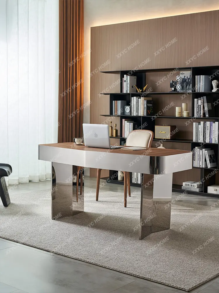 Minimalist natural marble desk, large flat study room home computer desk, original curved office desk