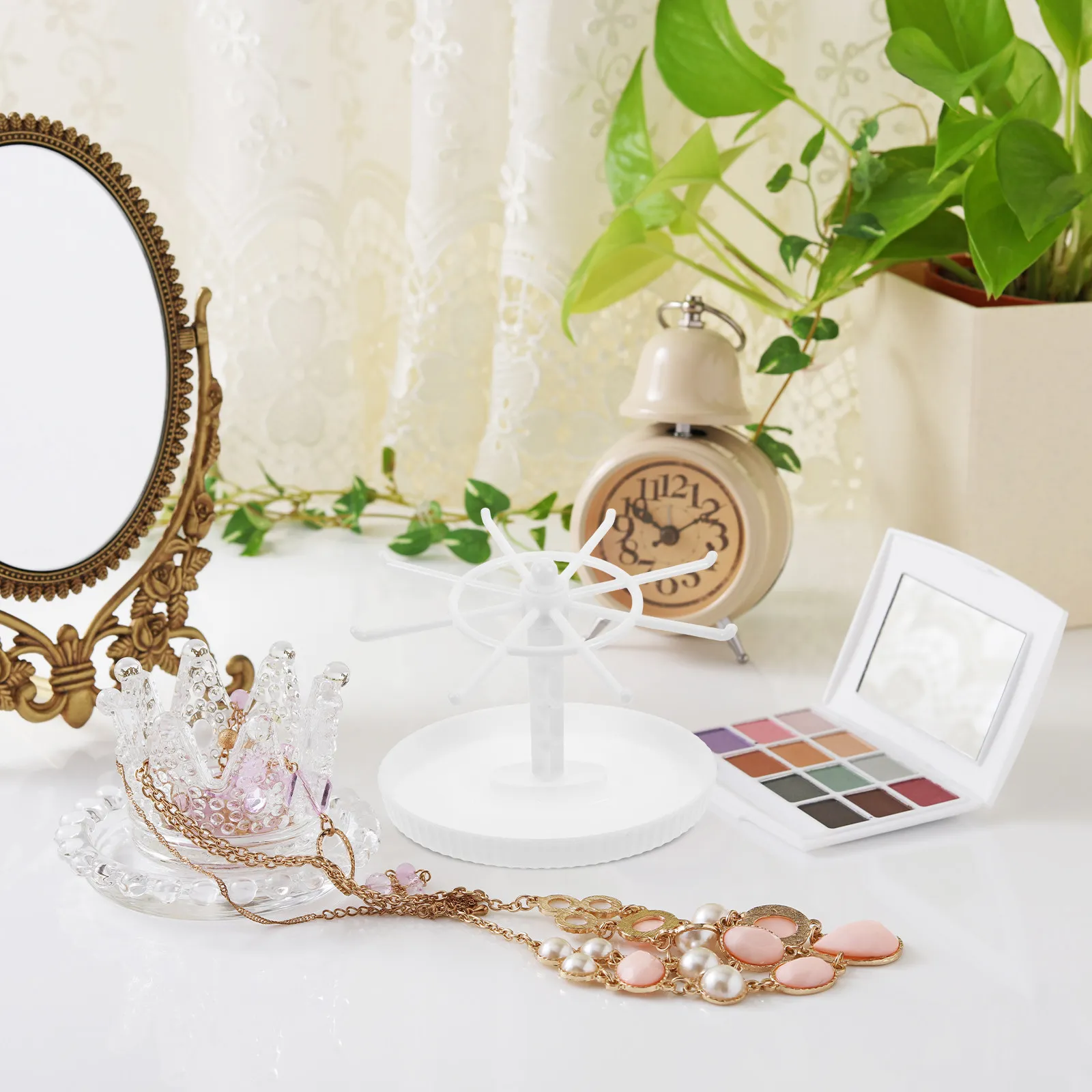 

Rotating Jewelry Display Stand White Metal Hooks Desktop Organizer Necklace Bracelet Earring Key Ring Holder Rotating Jewelry