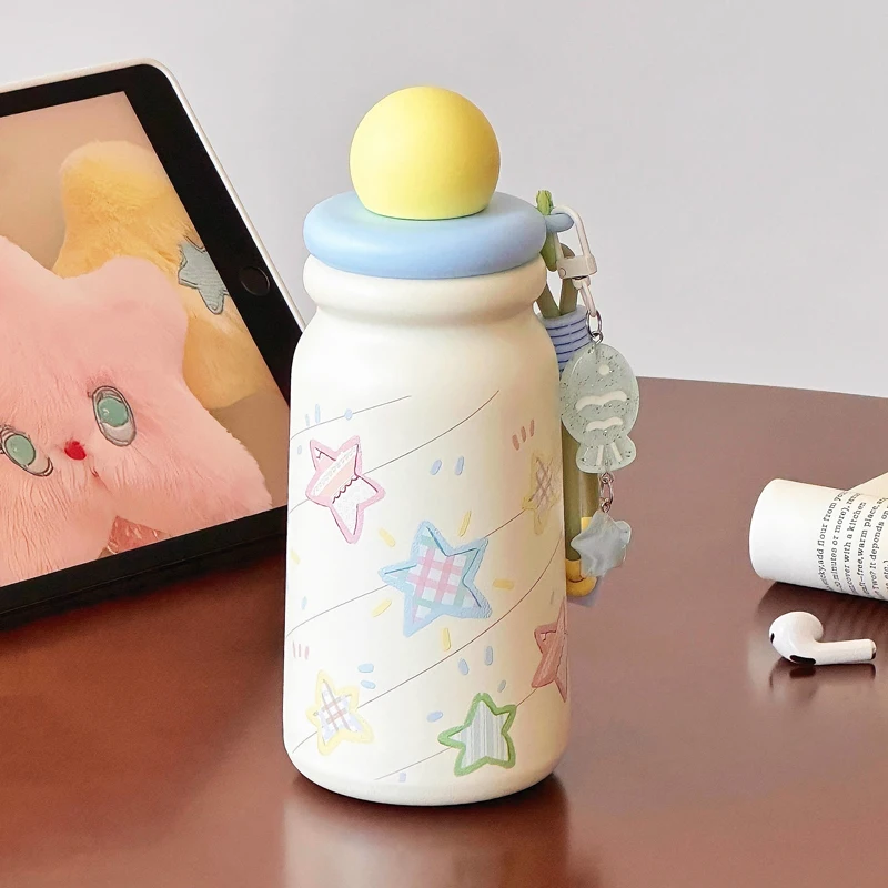 大容量ストロー付き断熱マグカップ-星柄-学生用茶こし付き水筒-レディース-高い審美価値-2026年新モデル