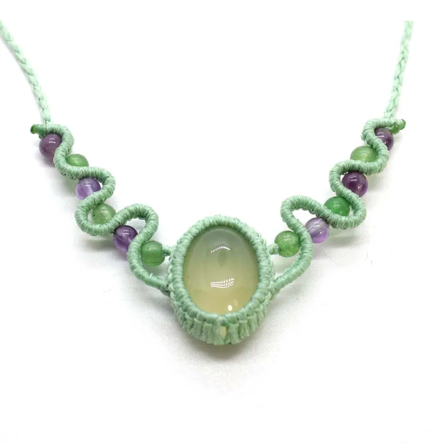 Macrame Prehnite Crystal Stone Pendant Necklace For Women Handmade Thread Rope Wrapped Braided Weave Adjustable Necklace Jewelry