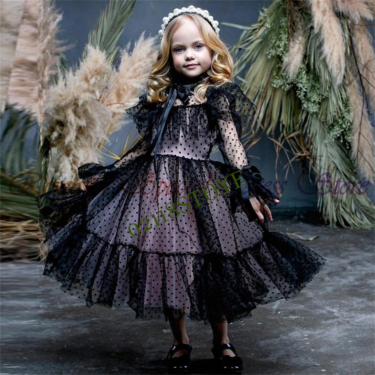 Robe de fille à fleurs mignonne noire à manches longues, tulle pointu, robe de soirée de mariage pour enfants, nœud, col haut, princesse, quelle que soit, 2023