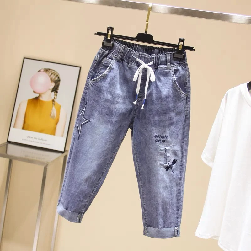 

Эластичные джинсовые брюки с высокой талией на семь футов, женские большие размеры 200, летние утягивающие брюки Harlan средней длины на 7 футов