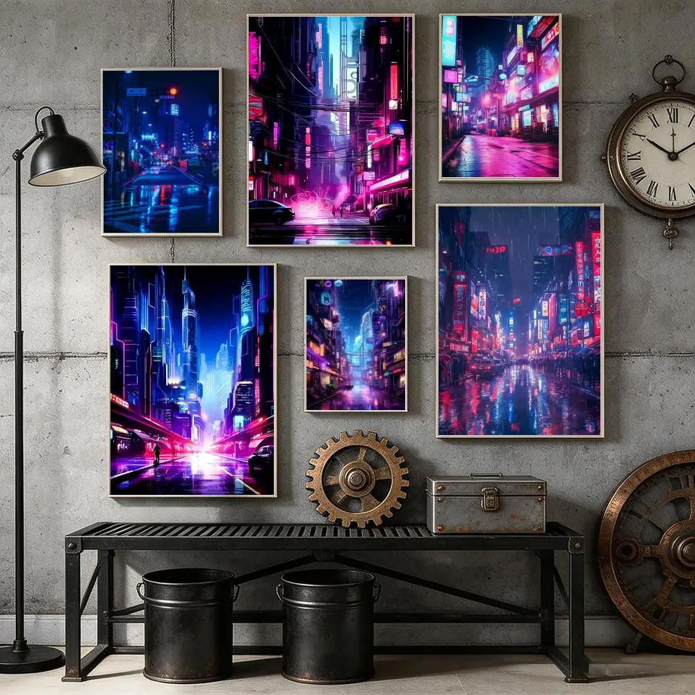 Tokyo Neon Futuristic City Street Poster HD Self Adhesive Wall Mural Stickers Decals for Bedroom Living Room Home Decor Gift