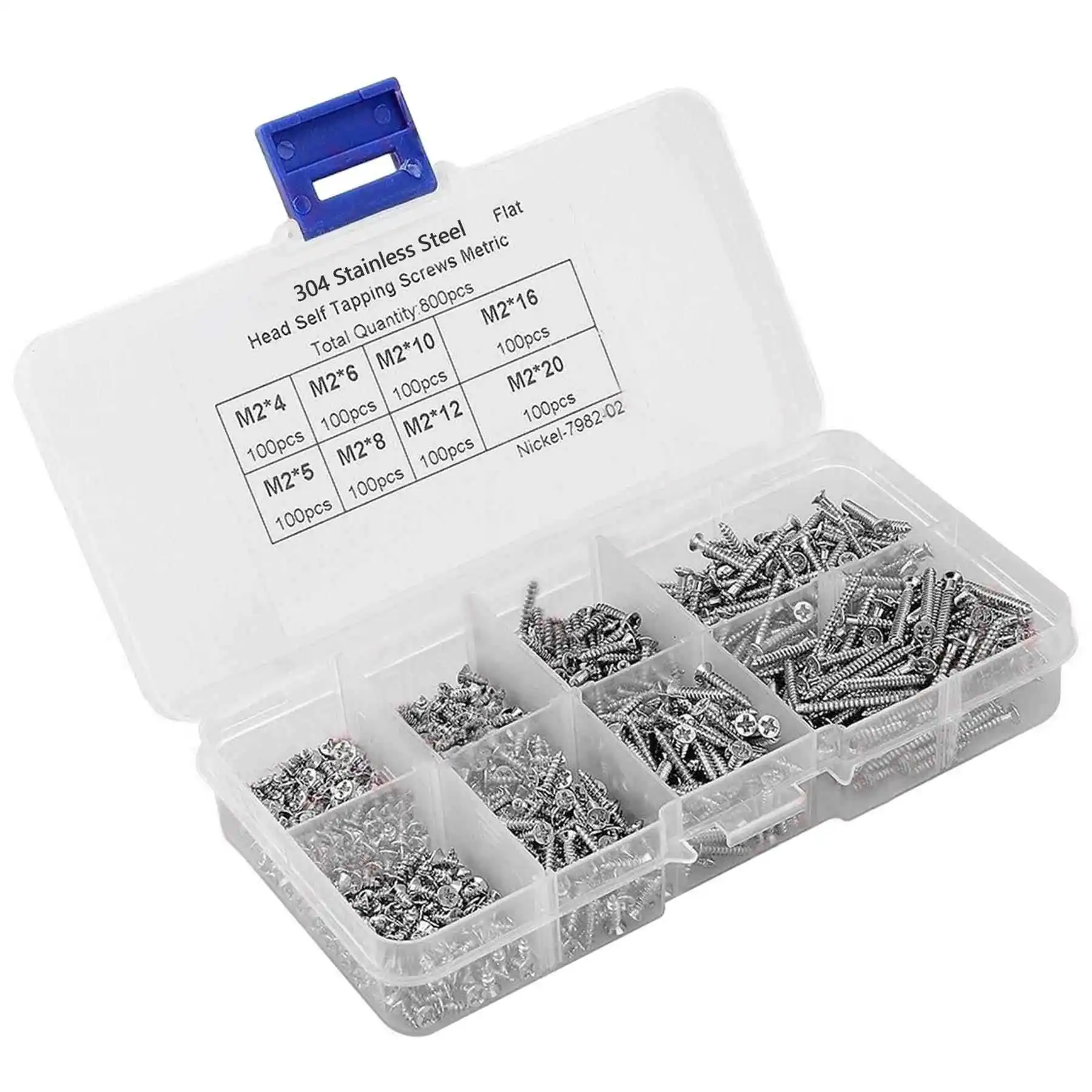 Set of 800pcs M2 Phillips Flat Countersunk Head Self Tapping Screws Carbon Steel Silvery Fasteners Kit