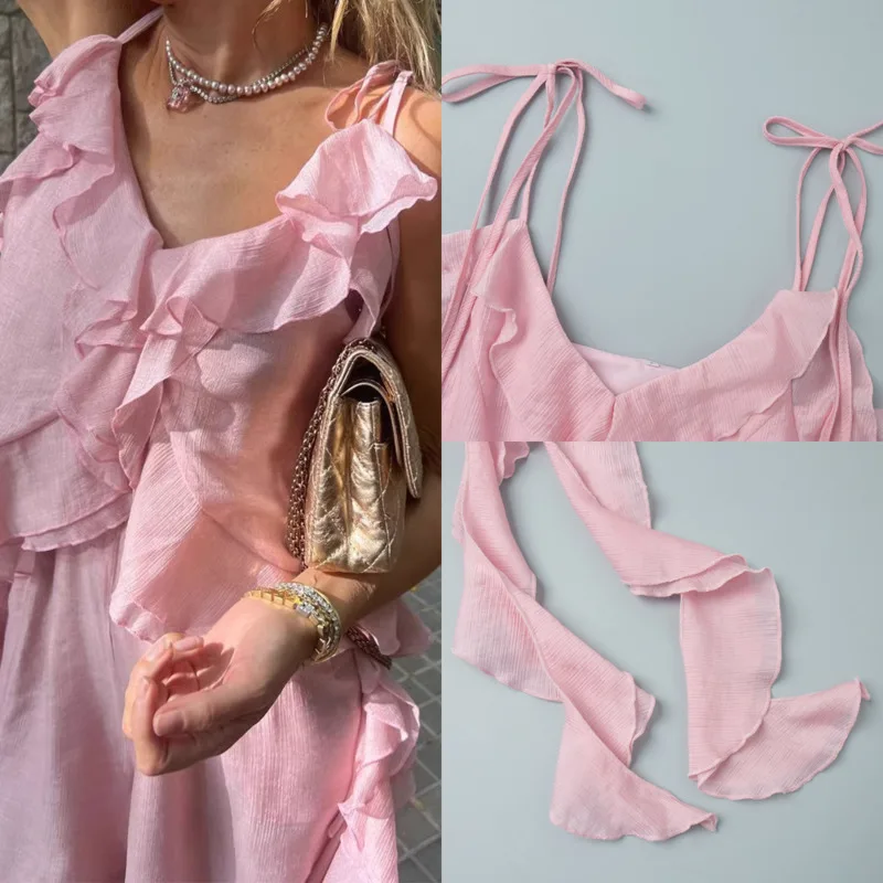 

Fashion Women's Ruffle Camisole Top Spaghetti Strap Backless Crop Top Sleeveless Tassel Hem Sexy Summer Party Clubwear Outfit