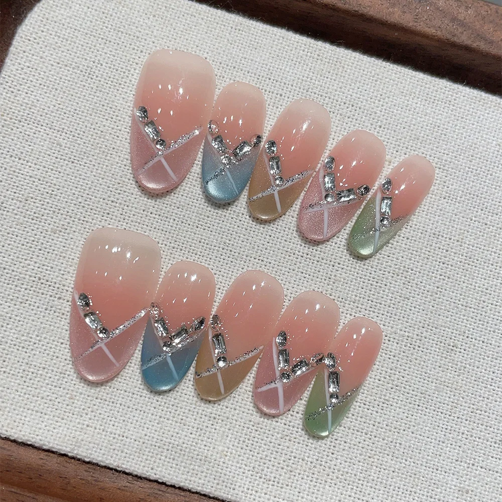 10 Stück mittelgroße ovale handgemachte Press-On-Nägel, mehrfarbige künstliche Nägel, niedliche, tragbare Nagelkunst für Jugendliche, Candy Party