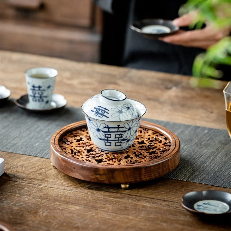 

L74A Круглый полый поднос для чая, держатель для горшка из орехового дерева, основание в стиле ретро, подставка для чашки, держатель для чашки, теплоизоляционная подставка L