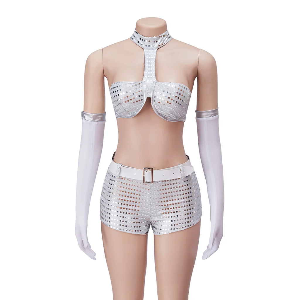 Austin Powers Fembot 코스프레 코스튬 여성용 섹시한 상의 반바지, 세트 댄스 복장, 할로윈 파티 은색 옷