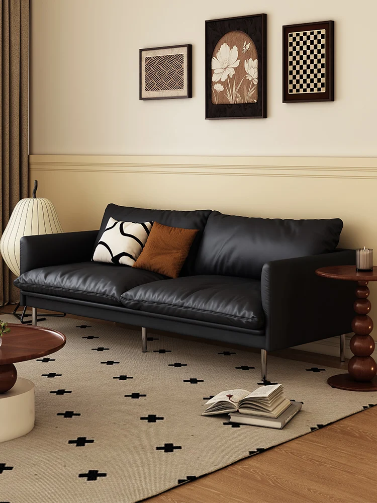 

French retro minimalist modern straight row small apartment sofa Nordic oil wax leather American industrial style living room so
