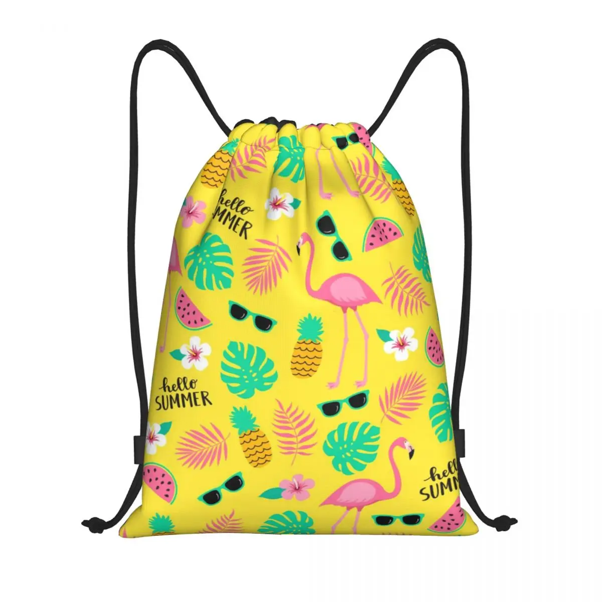 Custom Flamingos E Folhas Drawstring Bag Homens Mulheres Leve Padrão Tropical Abacaxi Sports Gym Storage Backpack