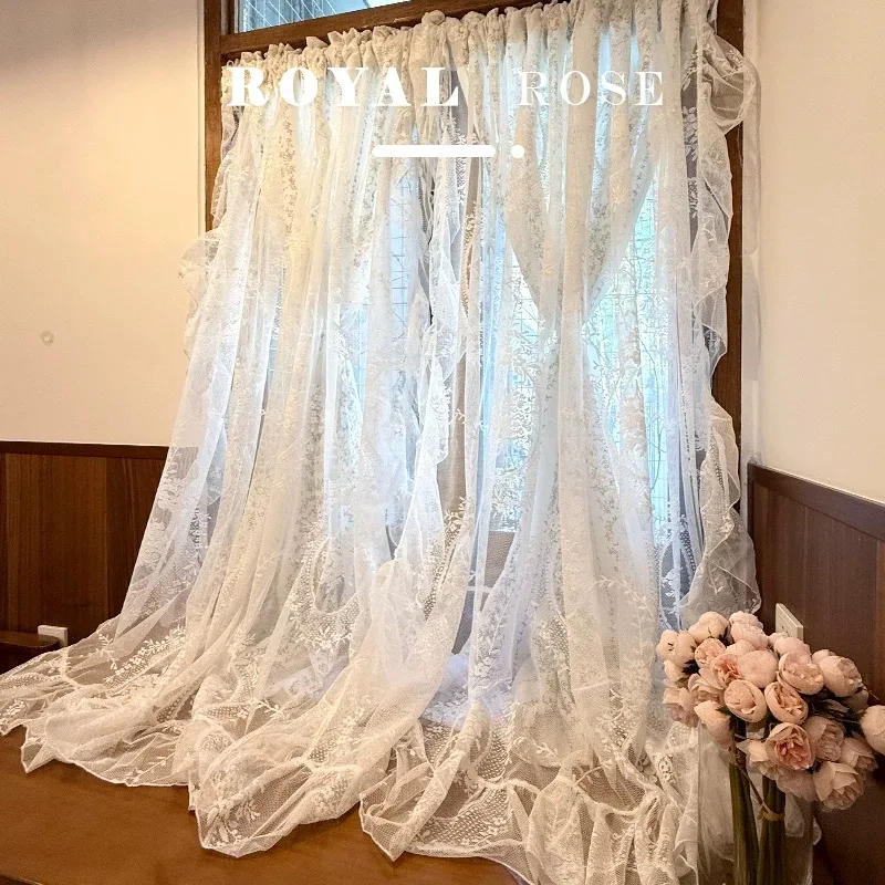 

Double Layered Idyllic French Romantic Flowers Curtains Cloth For Living Room Lace Warp Ruffled Tulle Curtains for Kitchen #A643