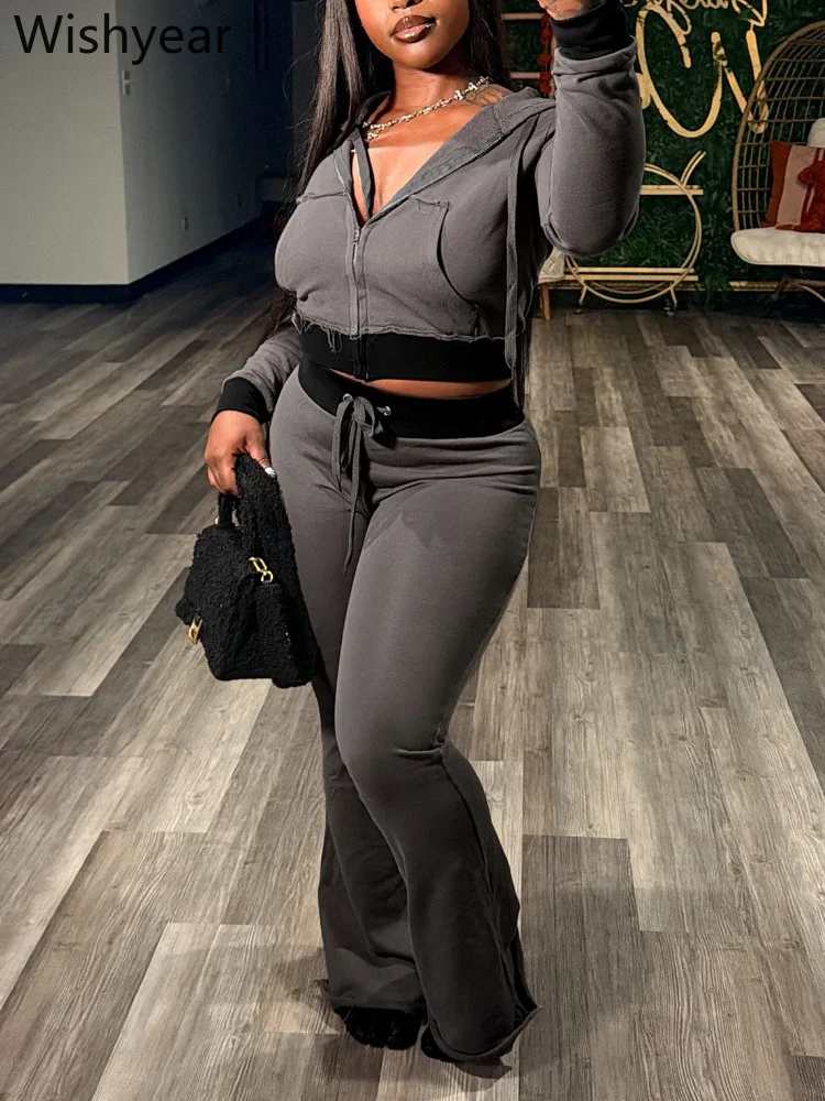 Women 2 Piece Tracksuit Outfit Contrast Trim Zip Up Cropped Hoodie Drawstring Flare Long Pants Y2K Sweat Set Lounge Curvy Ladies