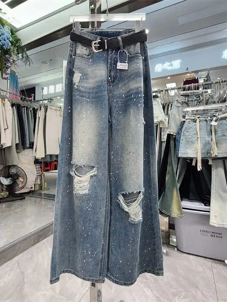 American Retro Ripped Hole Jeans Chic Gradient Diamond Denim Trousers Design Sense High Waist Loose Wide Leg Pants