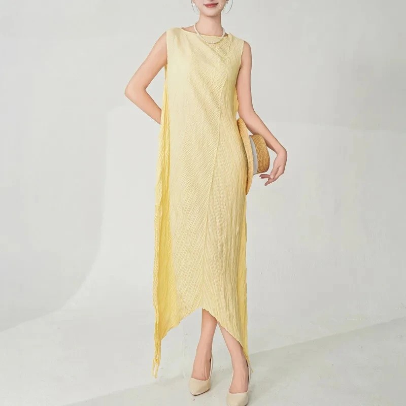 

ALSEY Miyake Irregular Pleated Solid Women's Dress 2025 Summer Wave Round Neck Sleeveless Loose Waist Fashion A-Line Dresses