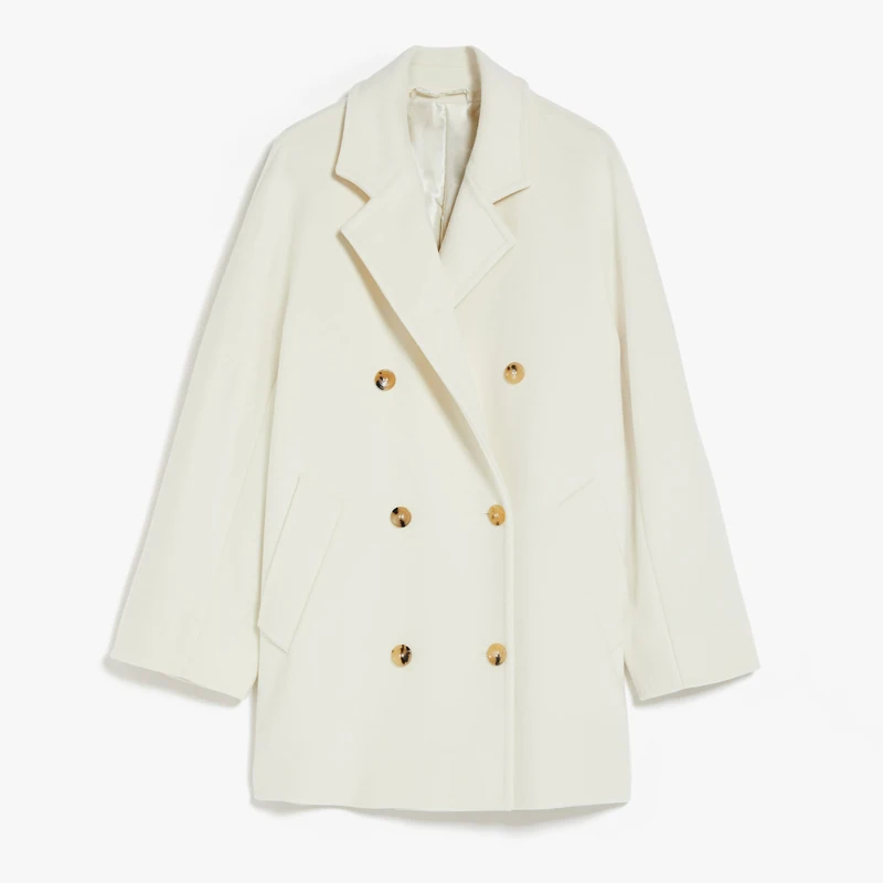 Klassieke witte korte wollen damesjas met dubbele rij knopen, op maat gemaakte kasjmiermix, hoogwaardige winterwarmte, losse en eenvoudige jas