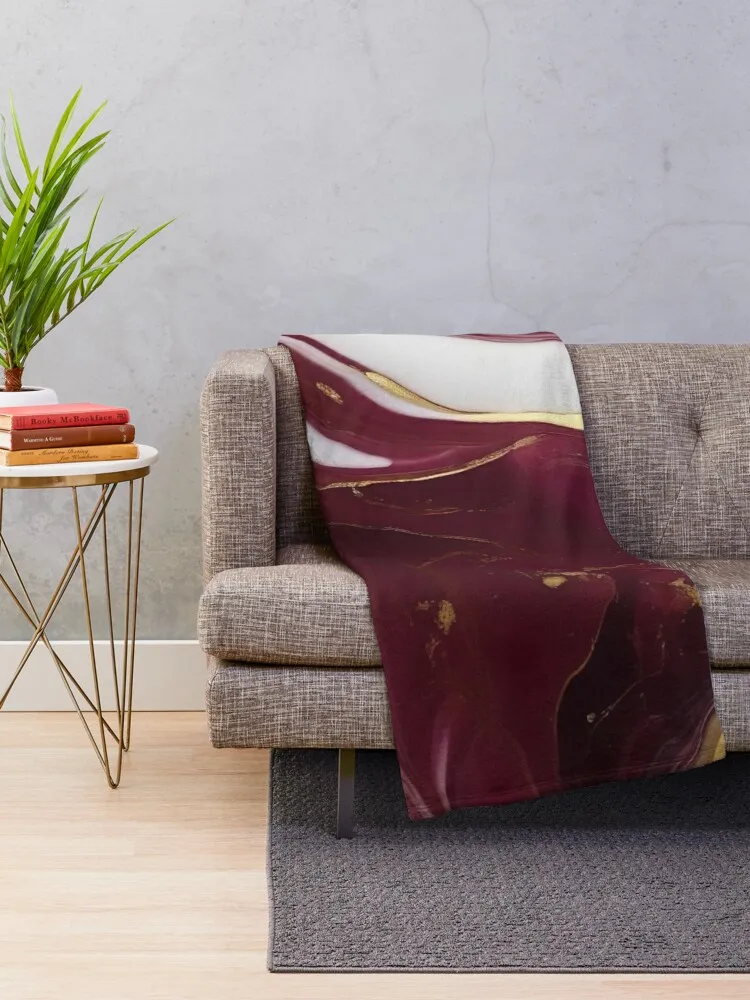 Burgundy Gold Liquid Marble Pattern Throw Blanket Designers Flannel Fabric Blankets