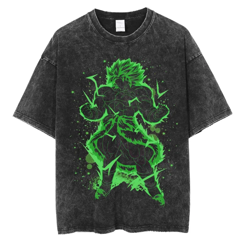 Anime Style Tee 2025 Zwart Katoenen T-shirt Groen Haar Gespierde Vechter Japanse Tekst Vintage Wassen Verontruste Oversized Streetwear