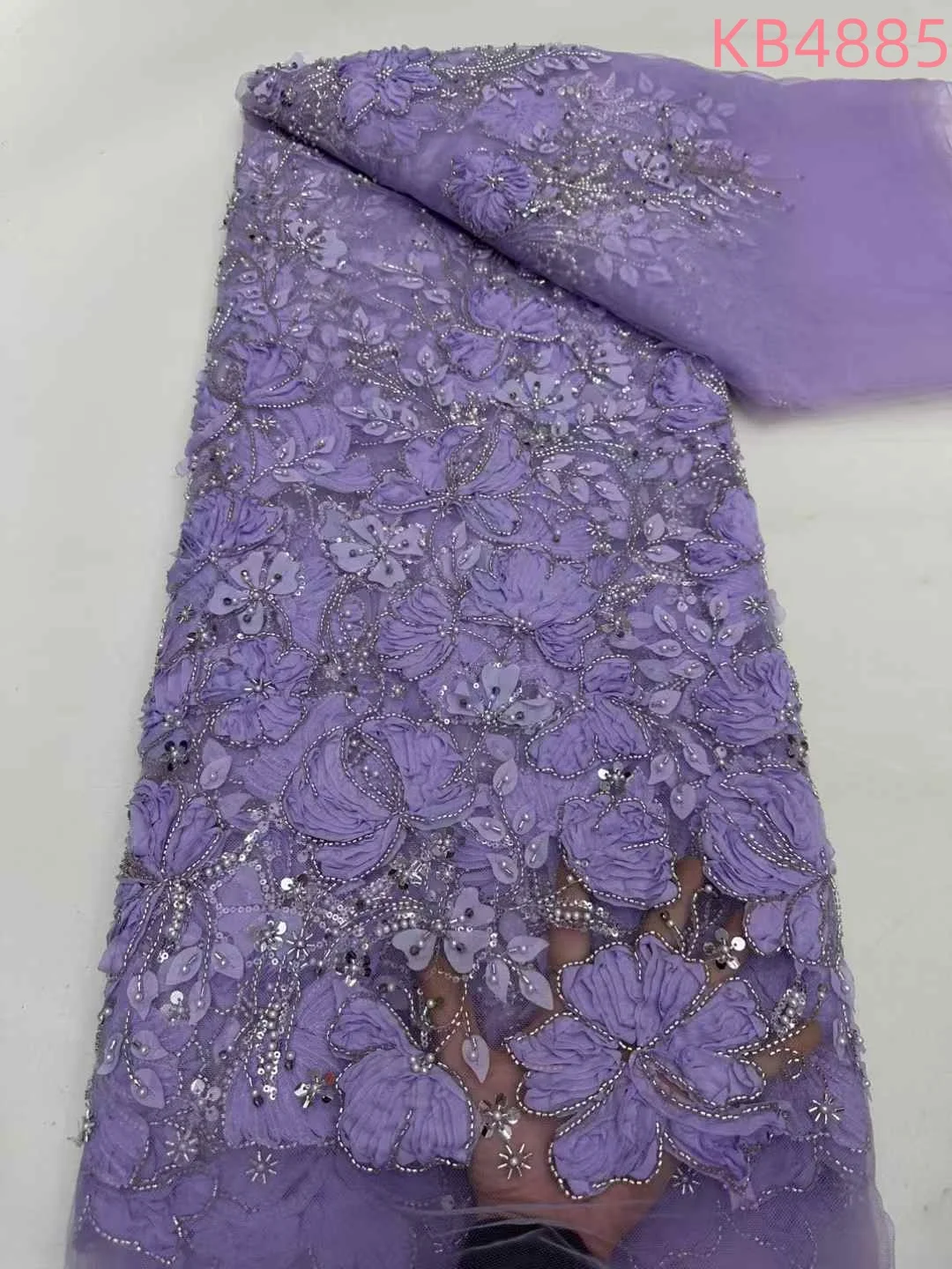 3D Flower Beaded French Mesh Lace Fabrics African Fabric Lace High Quality 2025 Sequins Tulle Lace Fabrics For Sewing KB4885