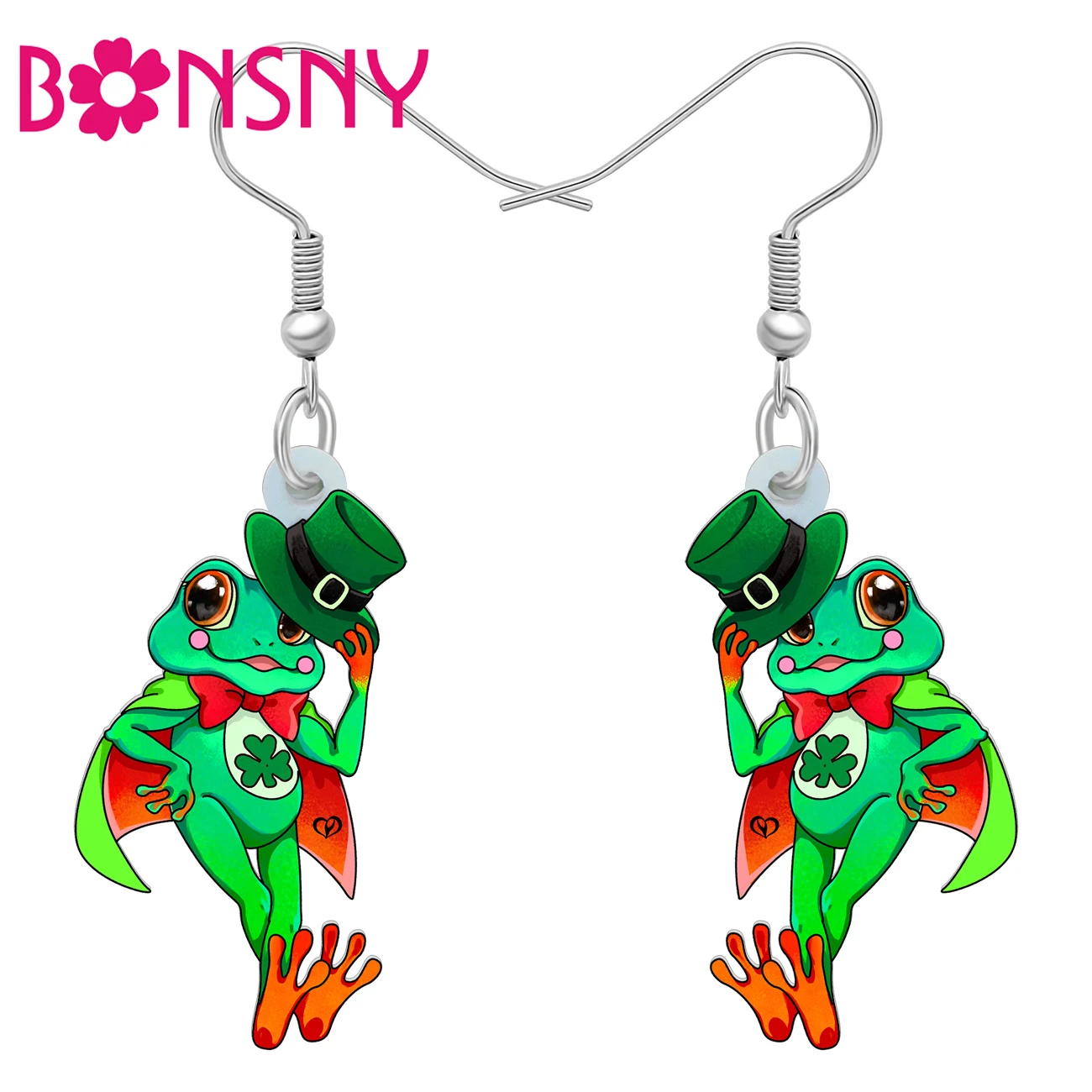 BONSNY Acrylic St Patricks Day Frog Dangle Earrings Green Hat Shamrock Magic Animals Jewelry Irish Good Luck Gifts For Women Mom
