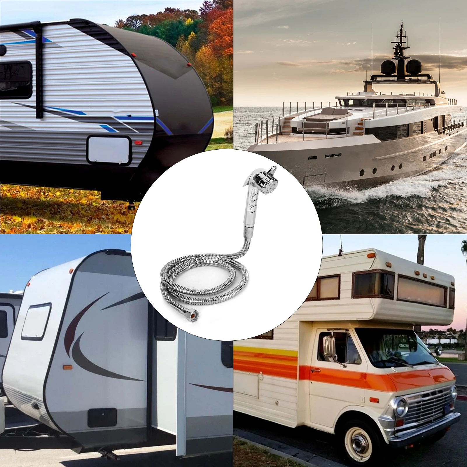 

External Nozzle Water Supply Shower Head Stainless Steel W/1.5m Hose 1/2 Thread Shower Head Hose Kit RV Shower Head Hose