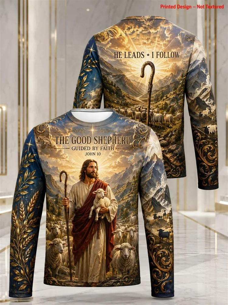 Men's Good Shepherd He Leads I Follow Jesus Lamb Sheep Staff John 10 Christian Faith Graphic Tee Pullover Tops Gift New Hot