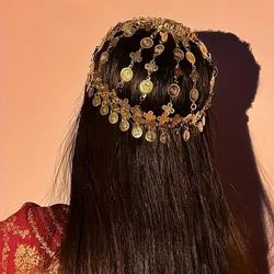 Middle Eastern exotic style retro golden coin alloy headdress for women's retro Feng Shui rhinestone tassel palace style jewelry