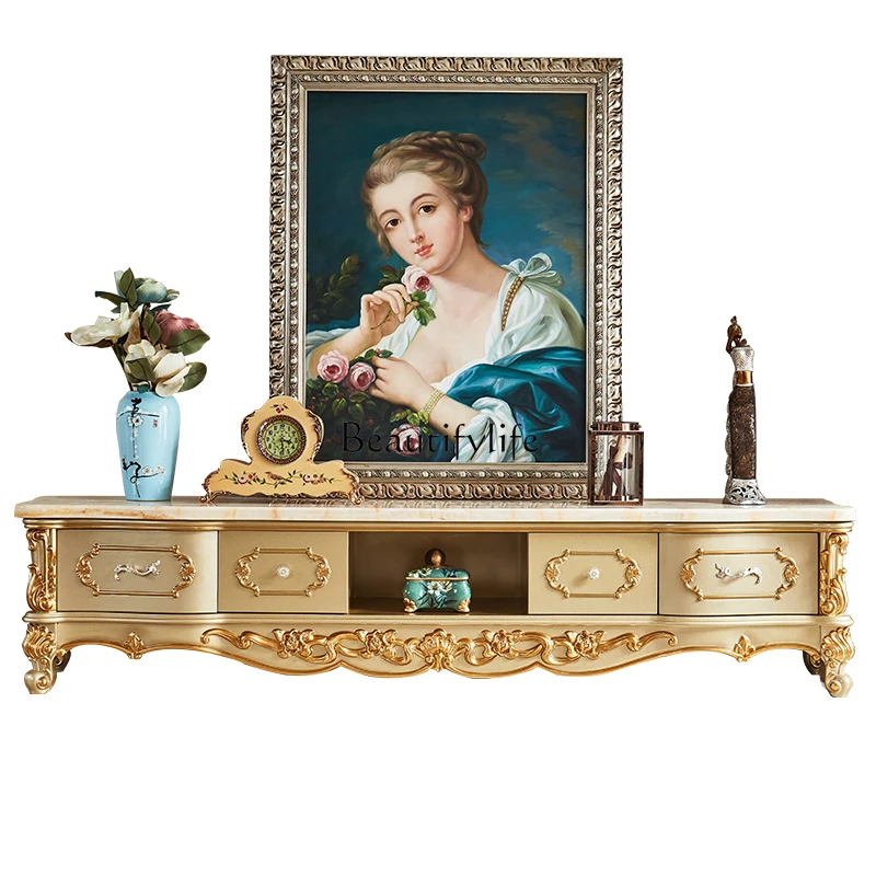 

European TV cabinet coffee table combination champagne gold solid wood carving flower floor cabinet