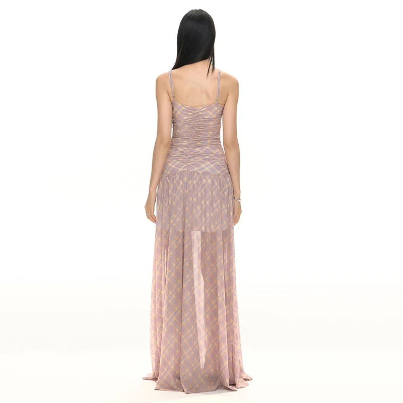 레트로 체크 무늬 캐미솔 미디 드레스 여성 여름 섹시 스파게티 스트랩 백리스 드레스 프랑스 우아한 슬림 파티 나이트 베스티도스 무헤르