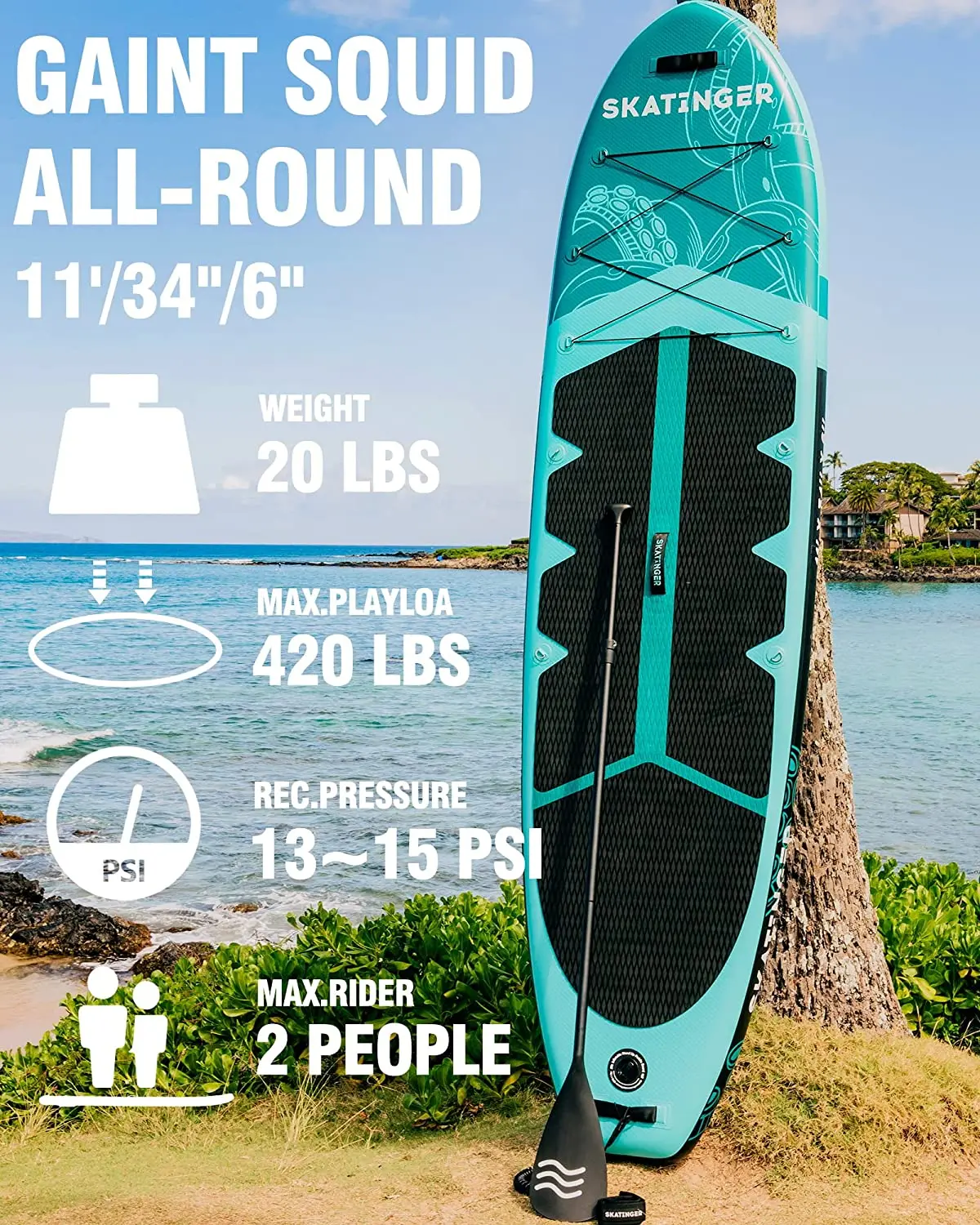 Skatinger Inflatable Stand Up Paddle Board 11'x34''x6''Kayak Accessories Yoga Adult Sup Fishing Package Non-slip Shoulder Straps