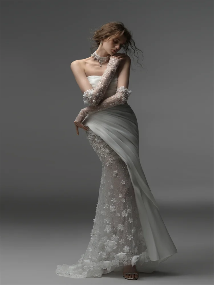 Vestido de novia sin tirantes personalizado con mangas largas extraíbles, tubo hasta el suelo, cremallera trasera, empalme de encaje Floral 3D para novia