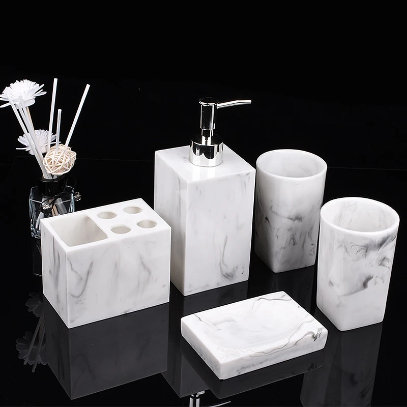 Marble Look Bathroom Accessories Set, Soap Dispenser, Toothbrush Holder, Counter Top, Restroom, Apartment Decor Stuff, 5 Pcs