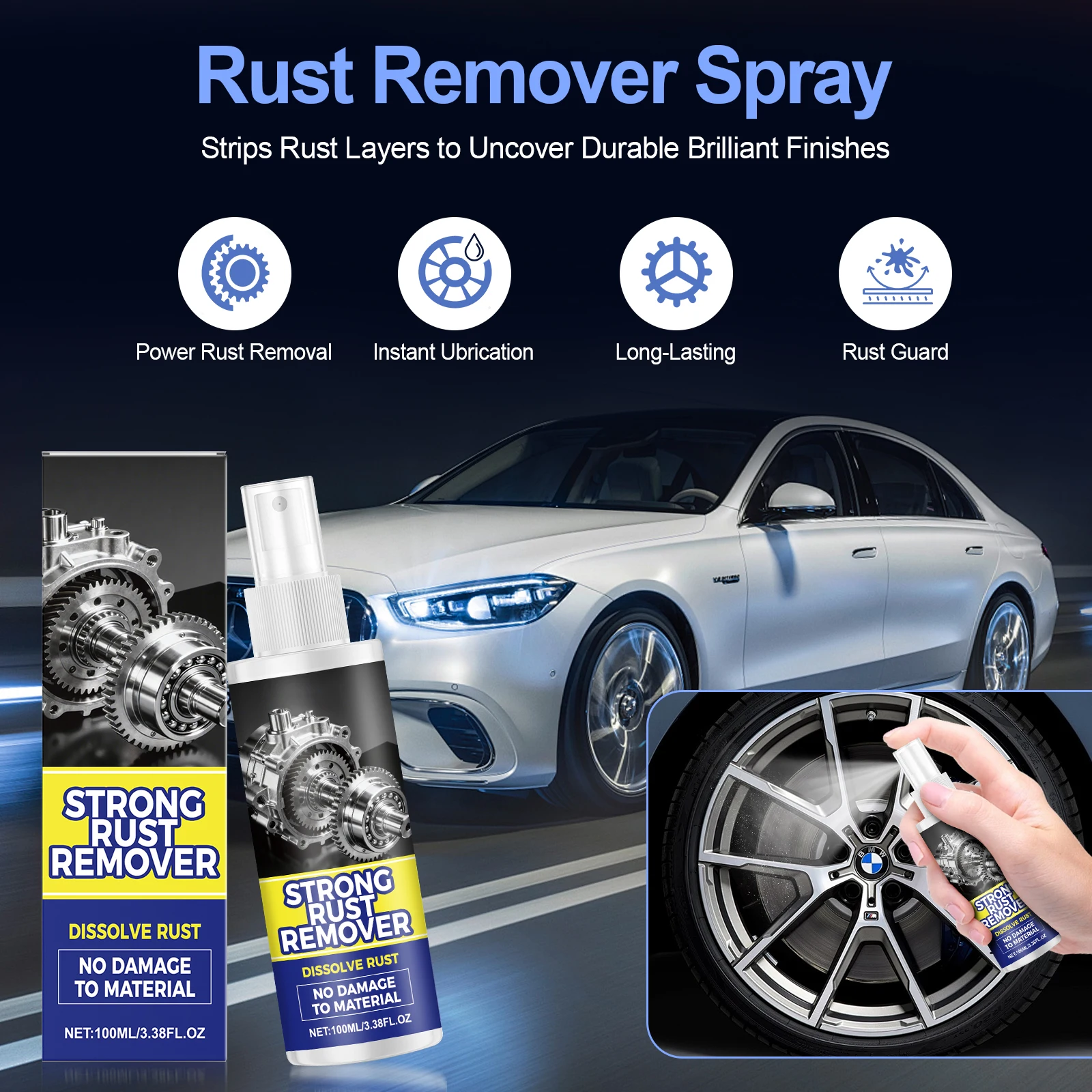 All-Purpose Rust Remover Spray Fast-Acting Iron Oxidation Eliminator Repair Iron Metal Shine Surfaces Car Wheel Hub Rust Remover