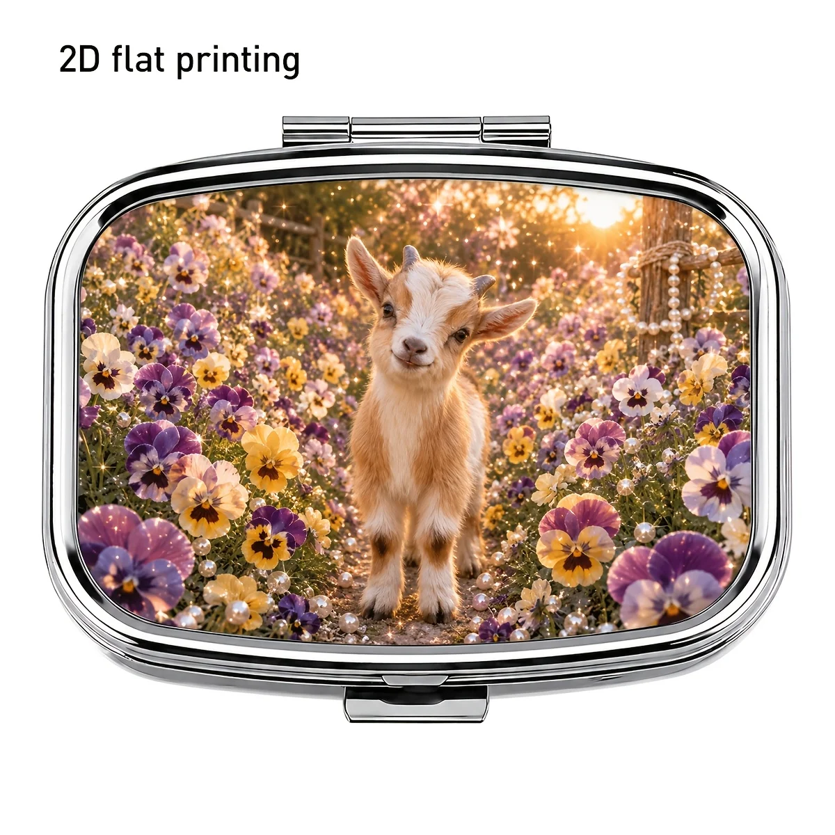 Deer Garden Floral Morning Light Pattern Square Metal Small Pill Box, Two-Compartment Portable Storage Box, Suitable for Organizing Medications, Vitamins, Earrings, Rings, and Small Items, Easy to Carry, Ideal for Travel, Commuting, Home, Outdoor, and On-The-Go, Durable, Beautiful, Creative Gift.