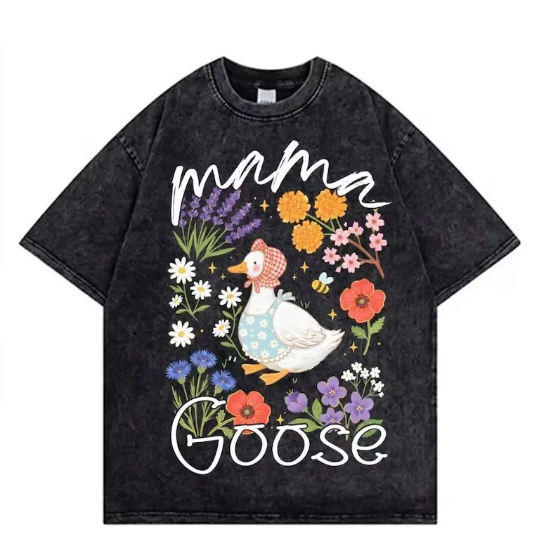 Vintage Washed Goose Praise The Lord T-Shirt Cottagecore Floral Graphic Tee Oversized Streetwear Hip Hop Acid Wash Gray Top Men