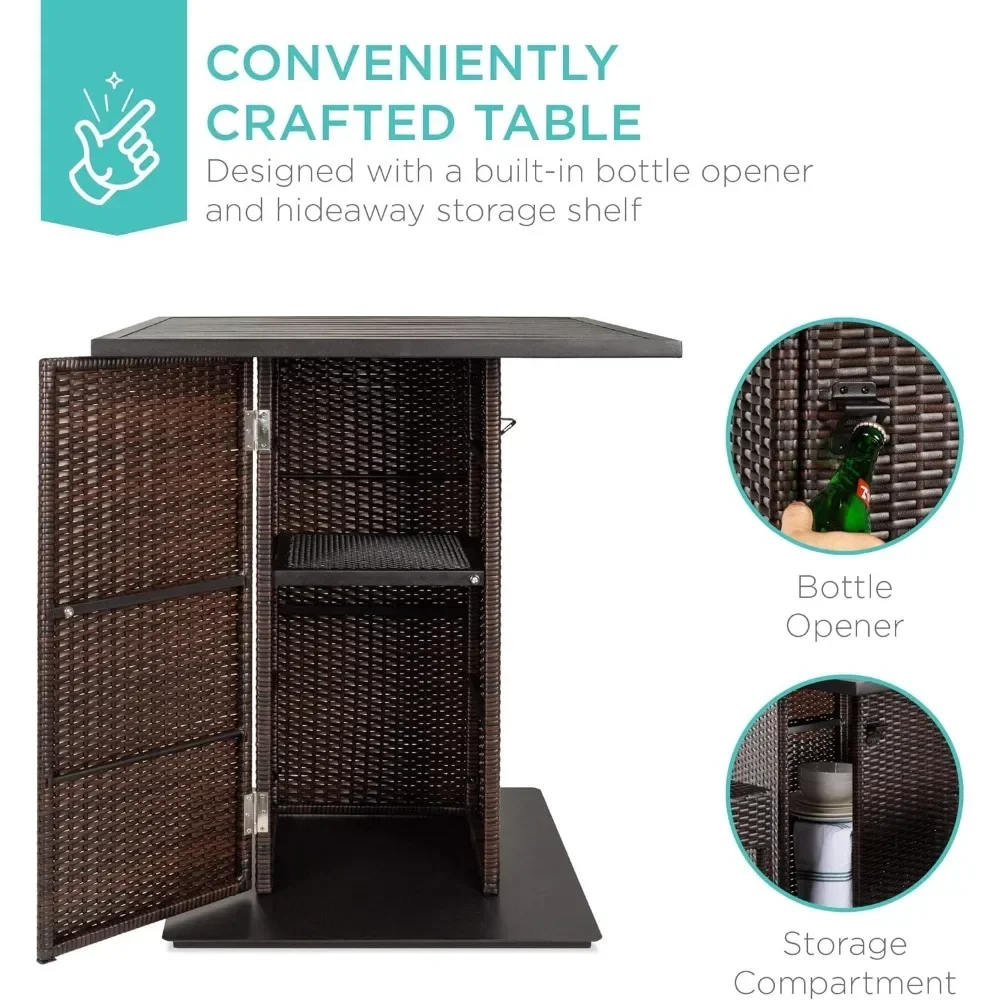 Suitable for Terraces Poolside Gardens, with Built-in Bottle Opener Hidden Storage Rack 4 Brown Stools, Outdoor Wicker Bar Table