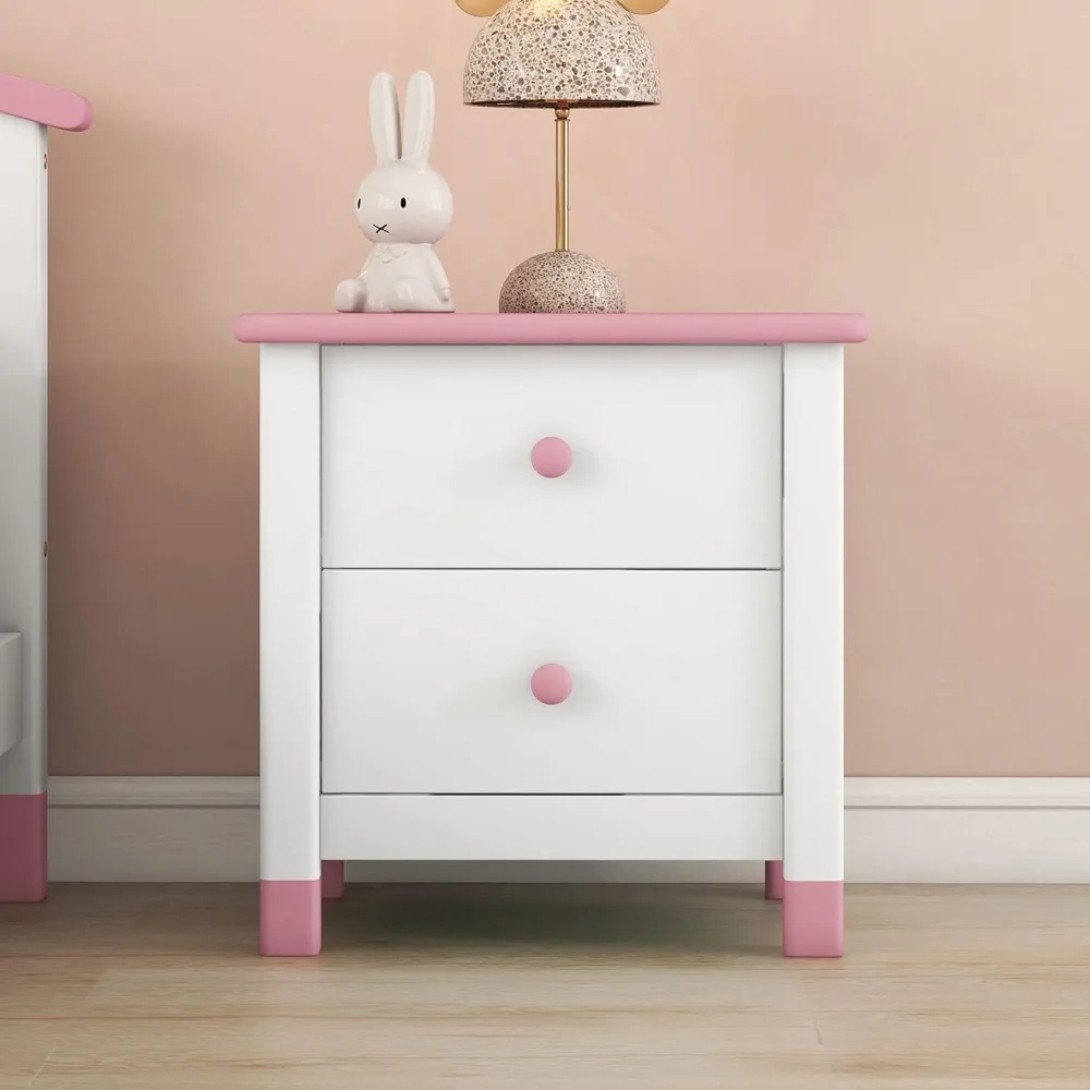 Children's bedside table, white+pink modern rural drawer, children's boys and girls bedroom, solid wood bedside table