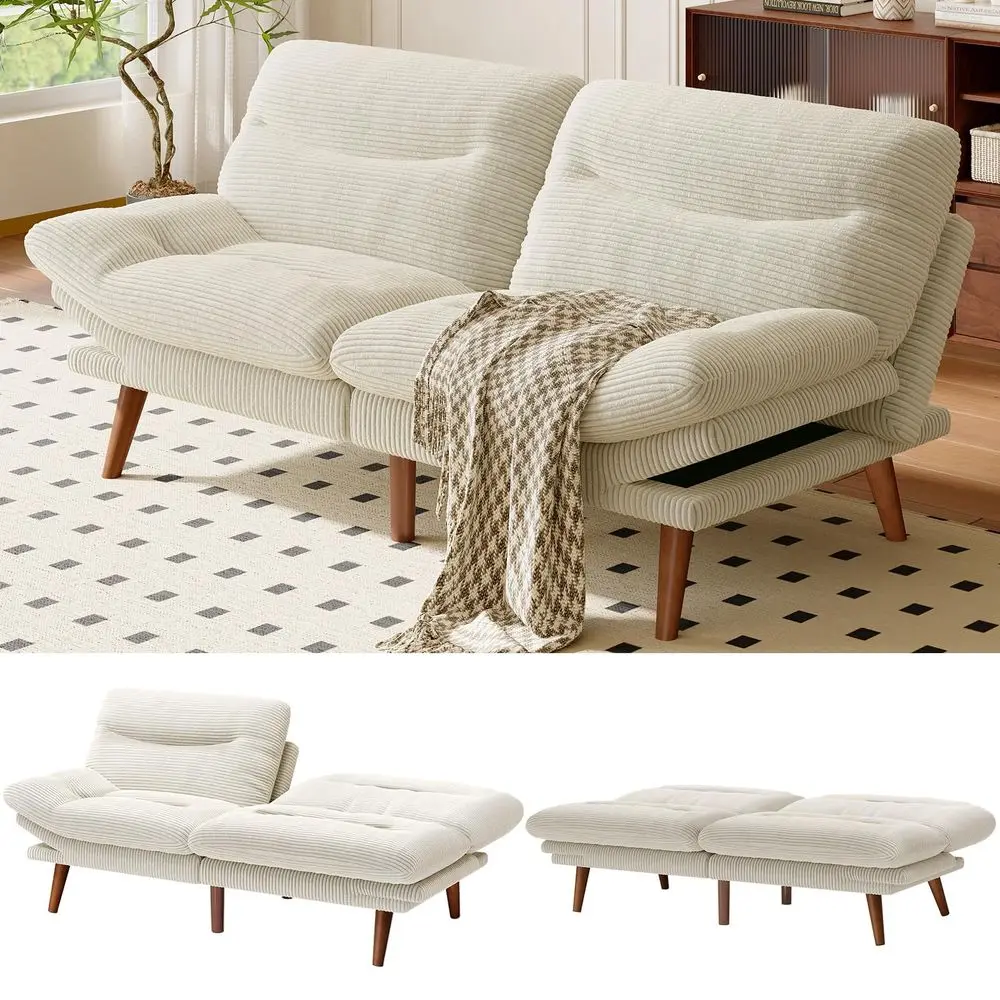 

66Convertible Futon Sofa Bed, Corduroy Folding Futon Set with Adjustable Backrest ampArmrests, Recliner Lounge for Living Room,