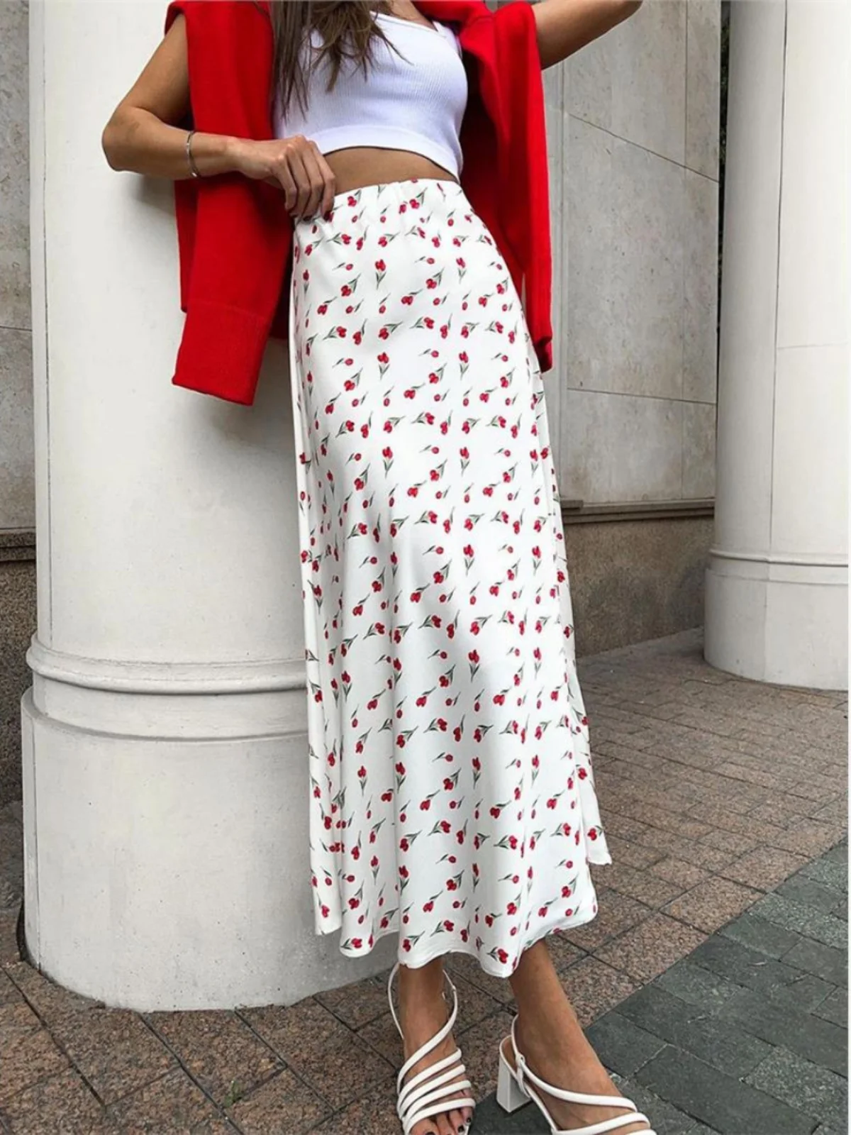 

Ele Floral A-Line Fi Tail Skirt High Waist Midi Skirt Korean Sle Polyester Fiber Summer New Arrival Women's Skirt