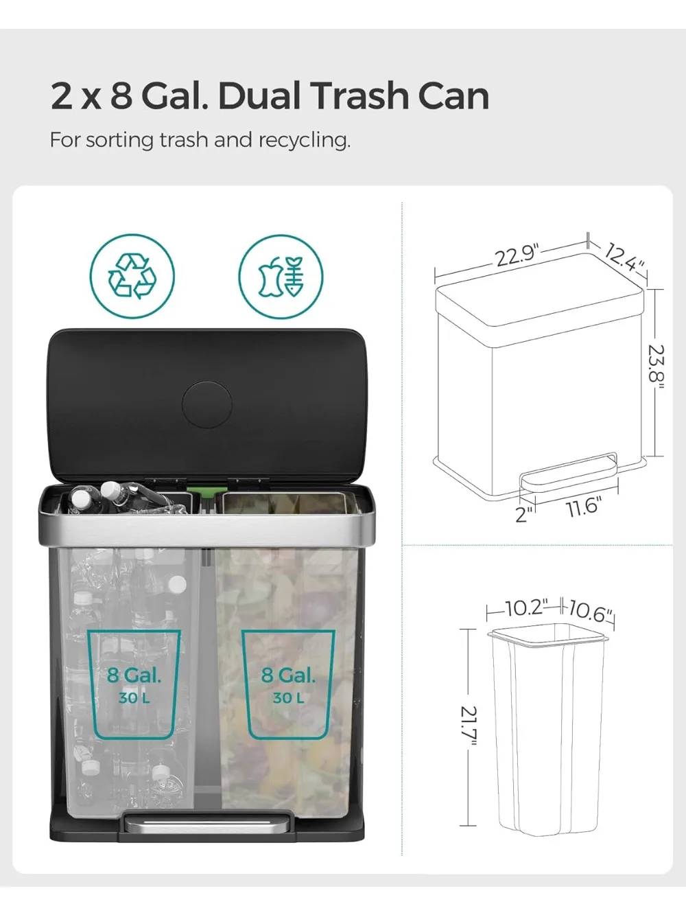 سلة مهملات المطبخ ذات المقصورة المزدوجة سعة 16 جالونًا مع دواسة، وغطاء مفتوح، وصندوق إعادة تدوير من الفولاذ المقاوم للصدأ للمنازل الحديثة