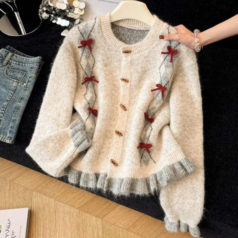 Three-dimensional Flower Color-blocking Jacquard New Spring Autumn Style Sweet Youthful Round-neck Versatile Knitted Cardigan