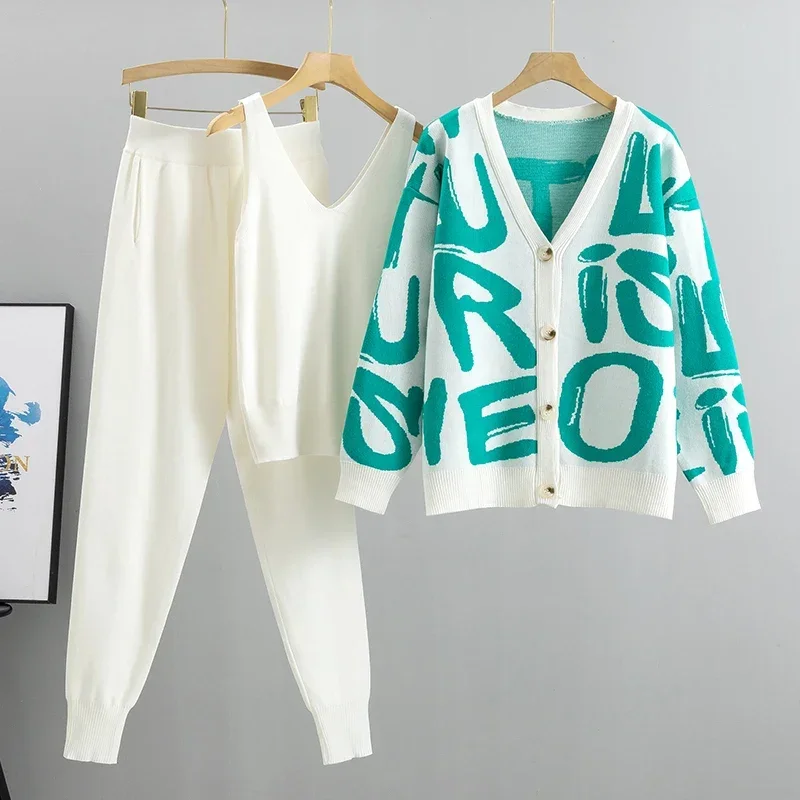 

Women Single Breasted Long Sleeves Cardigan Tops+Solid Short Vest Suits High Waist Ankle Length Pant Outfit Knitted 3 Piece