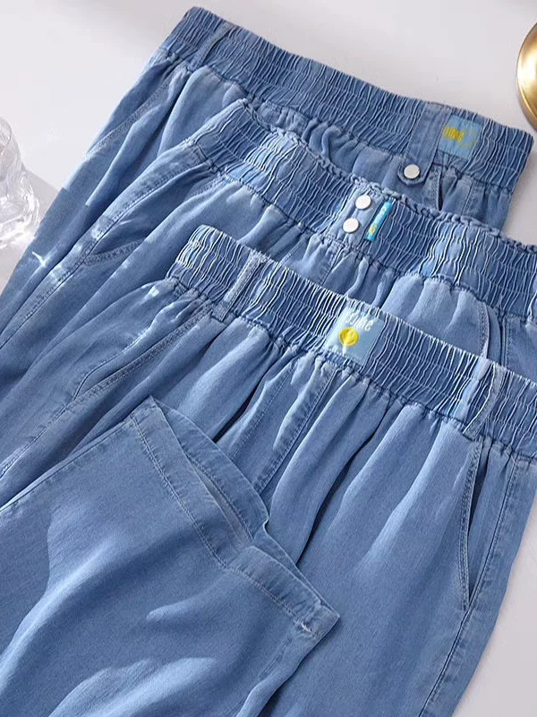 

Летние женские джинсы из ледяного шелка, свободные, широкие, больших размеров, с эластичным поясом, тонкие, струящиеся, универсальные, повседневные, с высокой талией