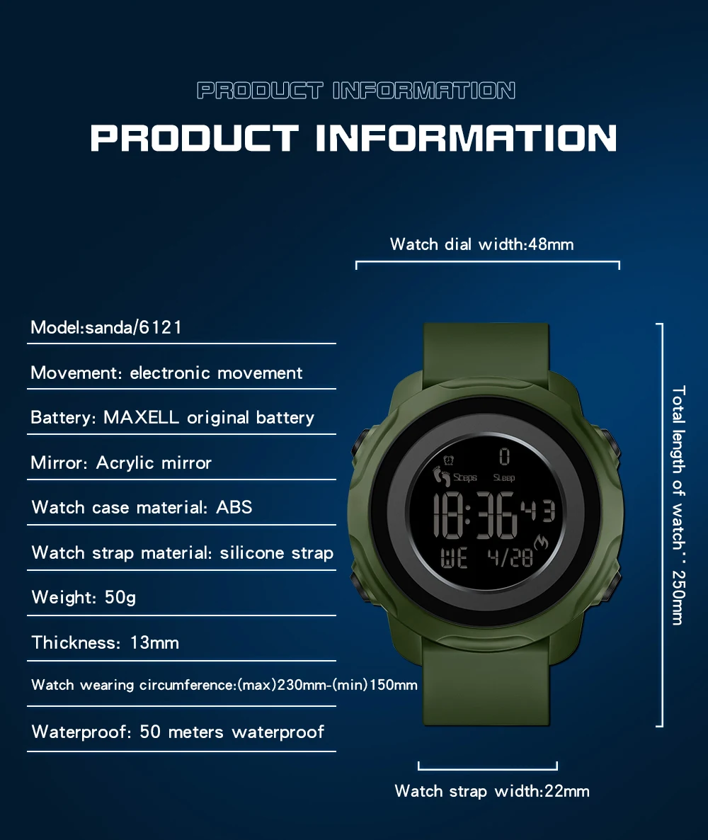 2023 SANDA New Step Calories Fashion Alarm Clock Men's Watch Men's Waterproof Shock Proof Sleep Monitoring Smart Wristwatch 6121