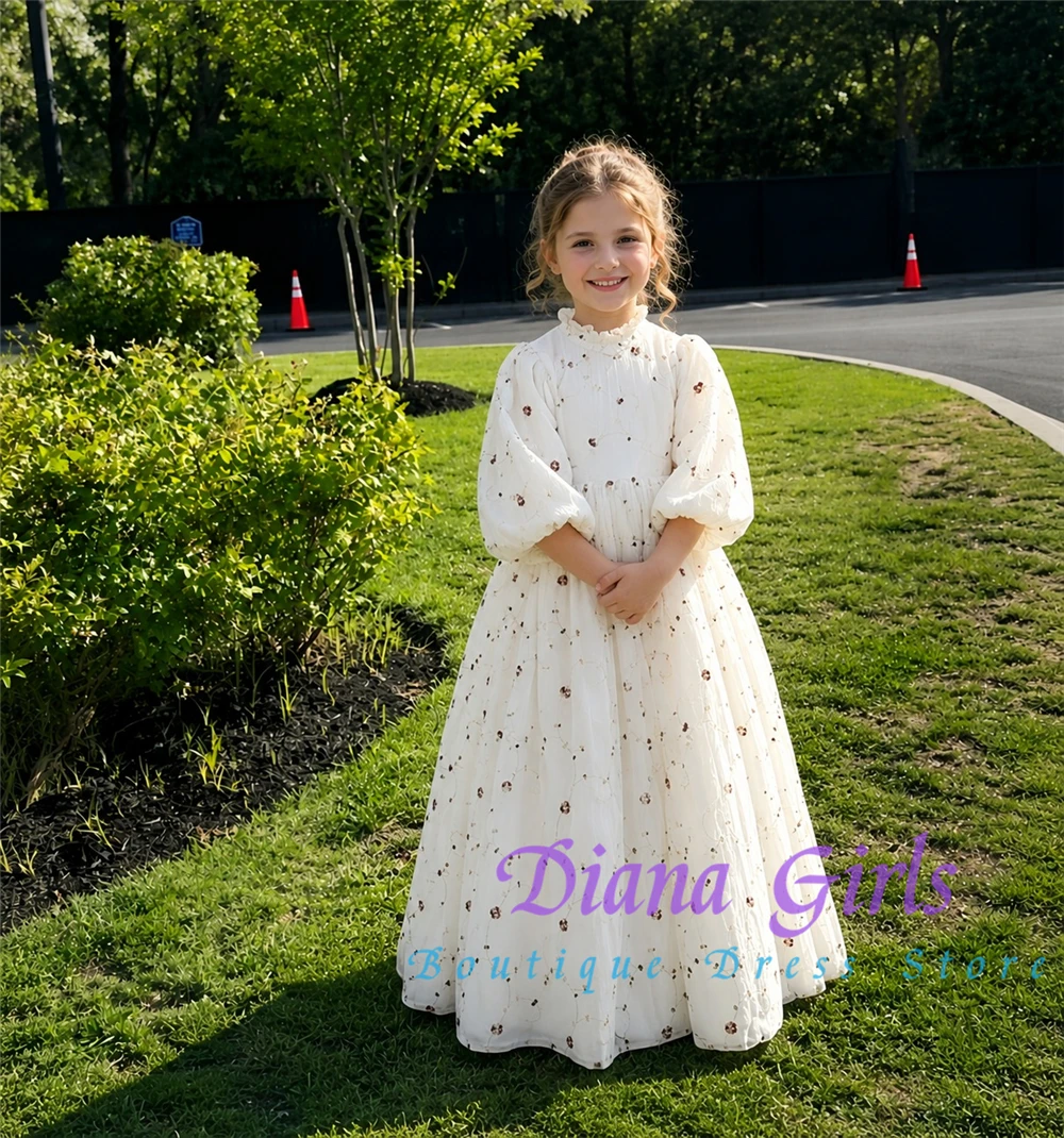 Quality Elegant White Flower Girl Dress Printed Fabric Fluffy Pleated Design for Kids Wedding Birthday Party Evening Ball Gowns