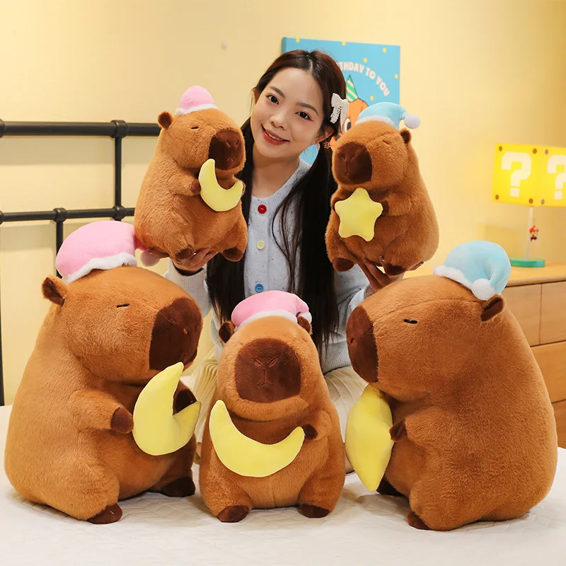 카피바라 봉제 인형 베개 귀여운 달 별 어린이 취침 친구 봉제 동물 인형 어린이 생일 크리스마스 선물 부드럽고 포근한 인형
