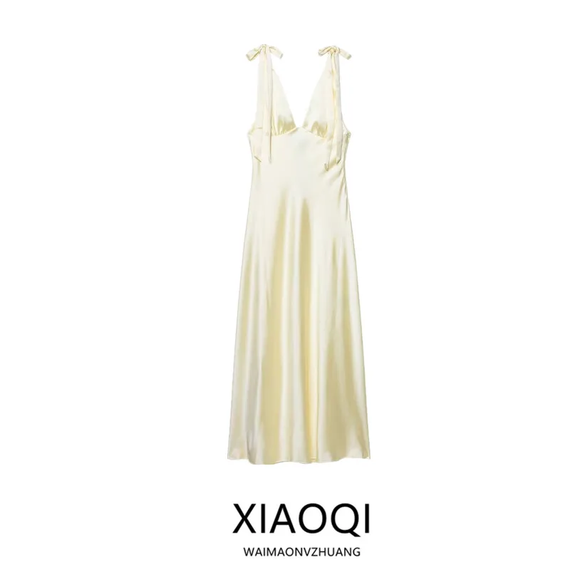 Zijde Satijn Lange Dr Dames Faion Knoop Versierd Nieuwe Collectie Herfst 2025, Ins Sle Strapl Jurk voor Dames