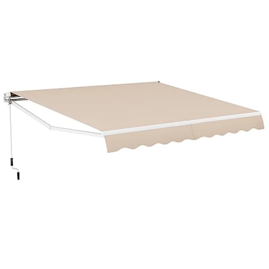 

Outdoor manual retractable awning for patio use, aluminum frame with crank handle, water-resistant polyester fabric in beige, d