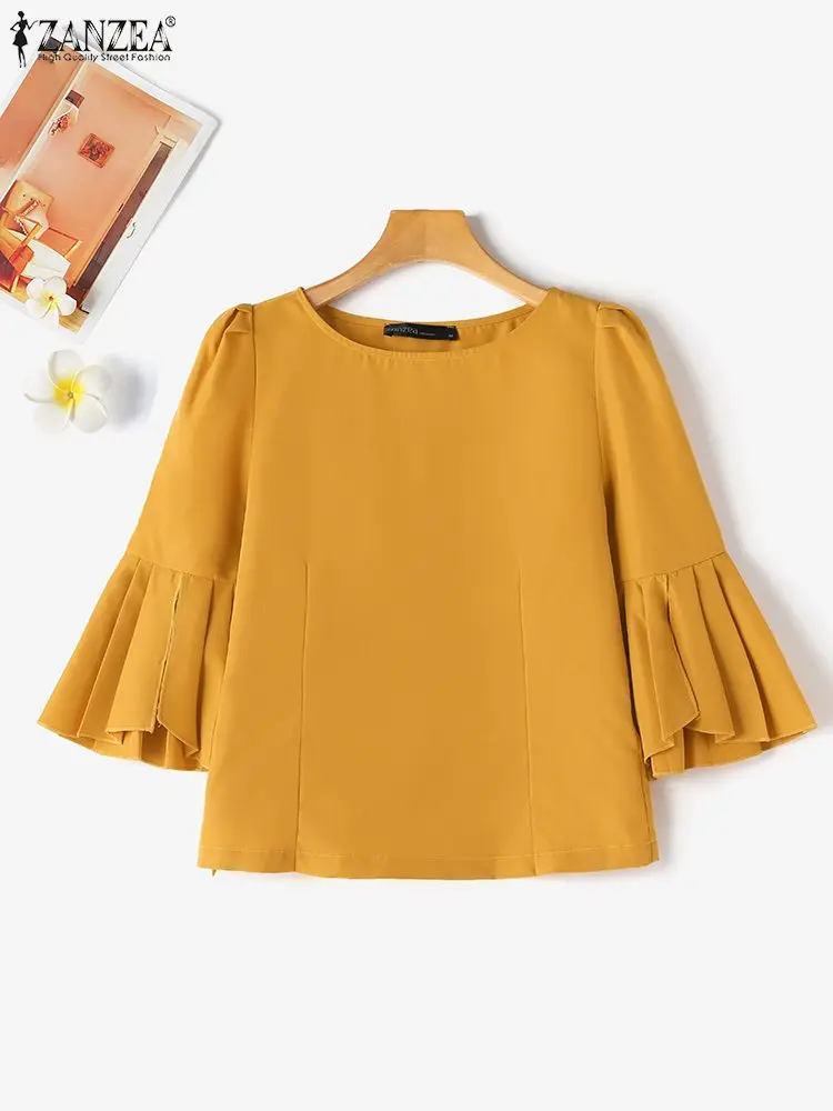 ZANZEA Women Elegant Party Blouse Summer Puff 3/4 Sleeve Tops Shirt 2024 Fashion Solid Boat Neck Tunic Korean Office Lady Blusas