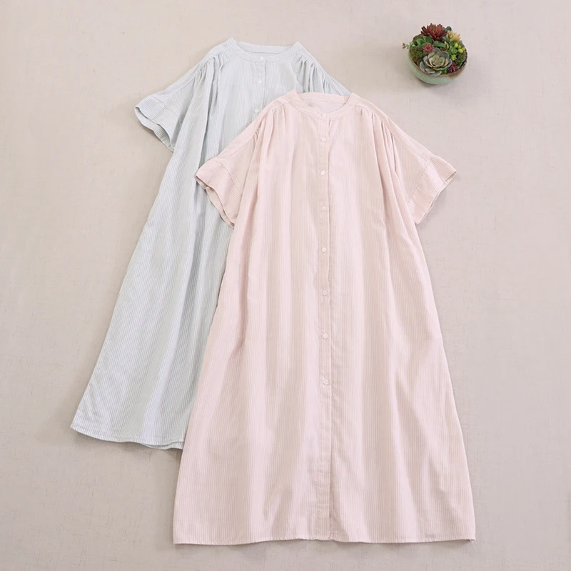 

Japanese Sweet Mori Girl Striped 100% Double Layer Cotton Dress Women Summer New O-Neck Short Sleeve Single Breasted Dresses